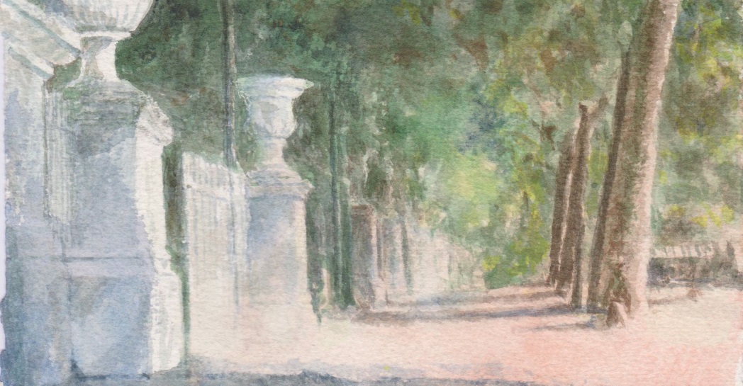 Raffaele Arringoli, Villa Borghese - Viale Canonica, acquerello su carta, cm 28,5x20, 2018-Particolare