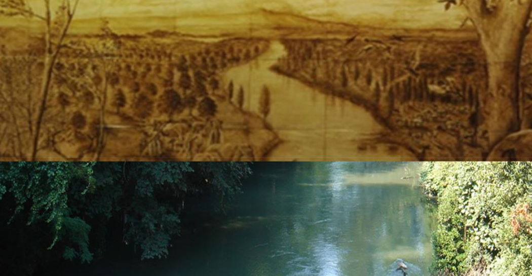 in alto: il fiume Aniene in una ricostruzione dalle maioliche artistiche all’ingresso del Museo; in basso: un tratto della bassa valle dell’Aniene oggi